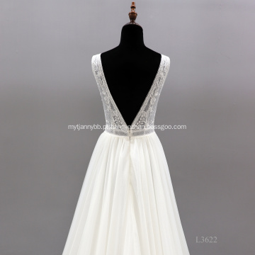 Sexy Backless Sleeveless Illusion V Neck Chapel Train Hot Sale Lace Wedding Dress